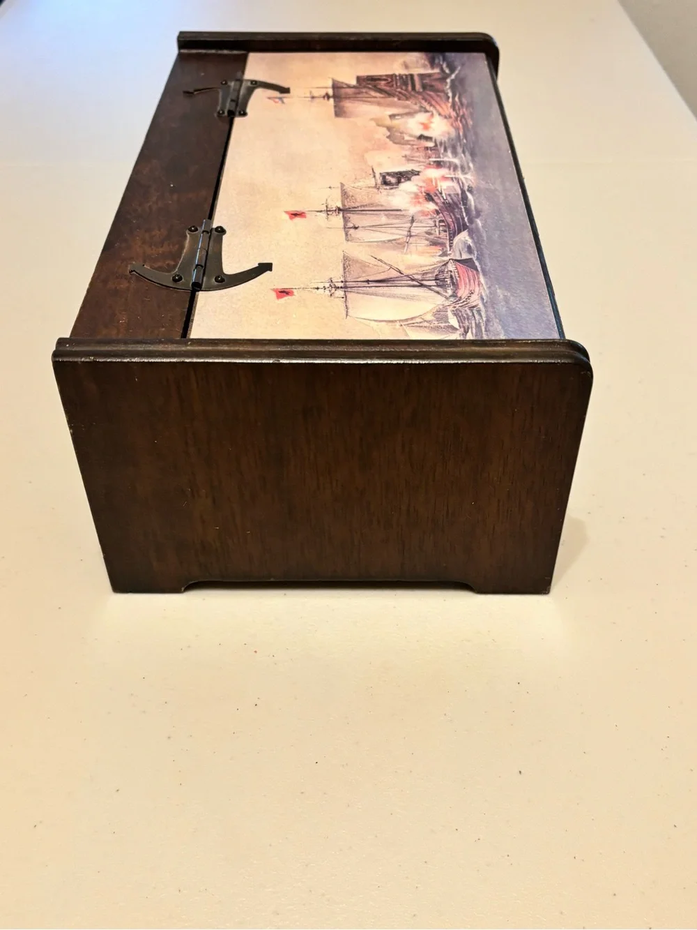Vintage Wooden Jewelry Box with Nautical Sailing Ship Battle Scene Print on lid